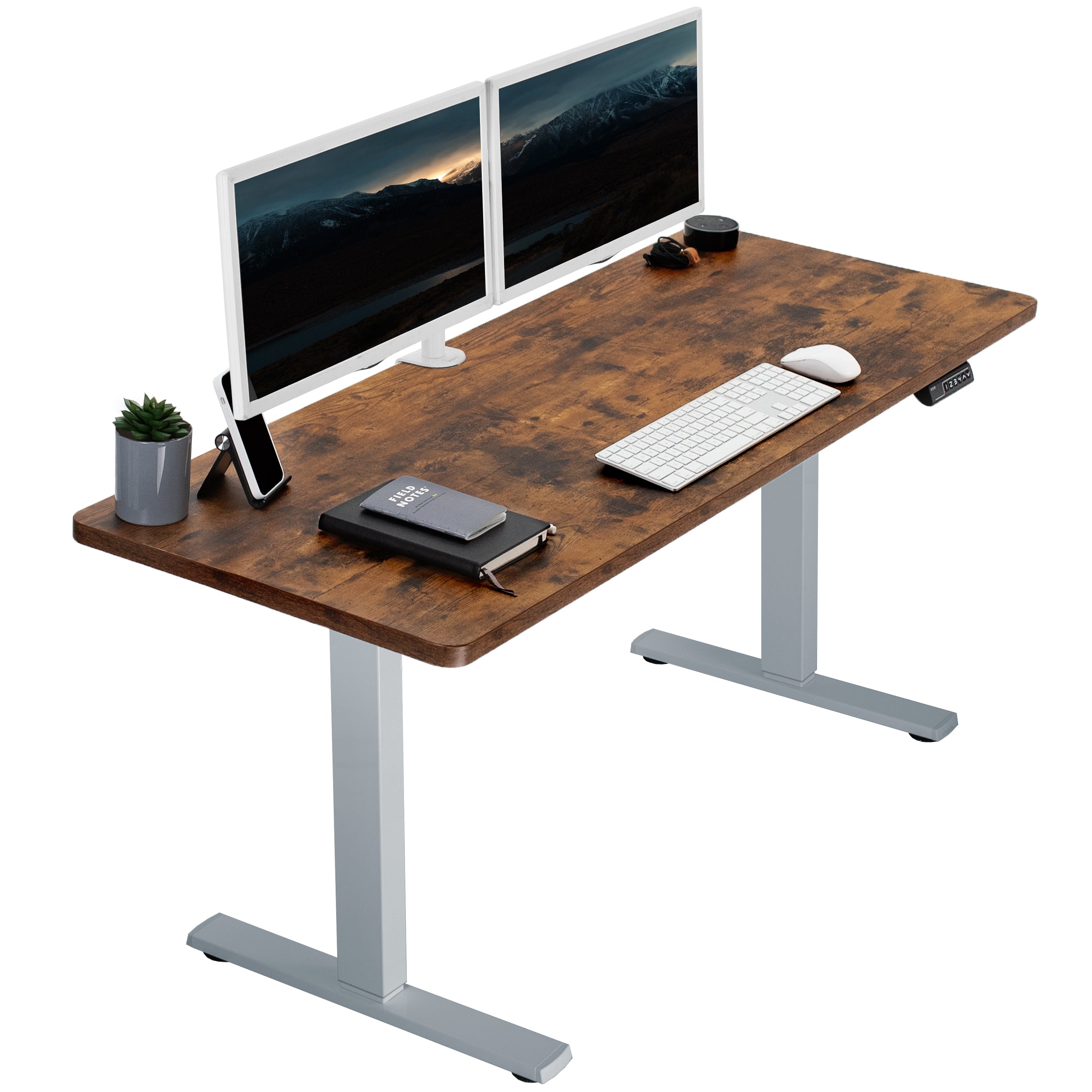 Rustic sturdy ergonomic sit or stand active desk workstation with adjustable height using smart control panel.