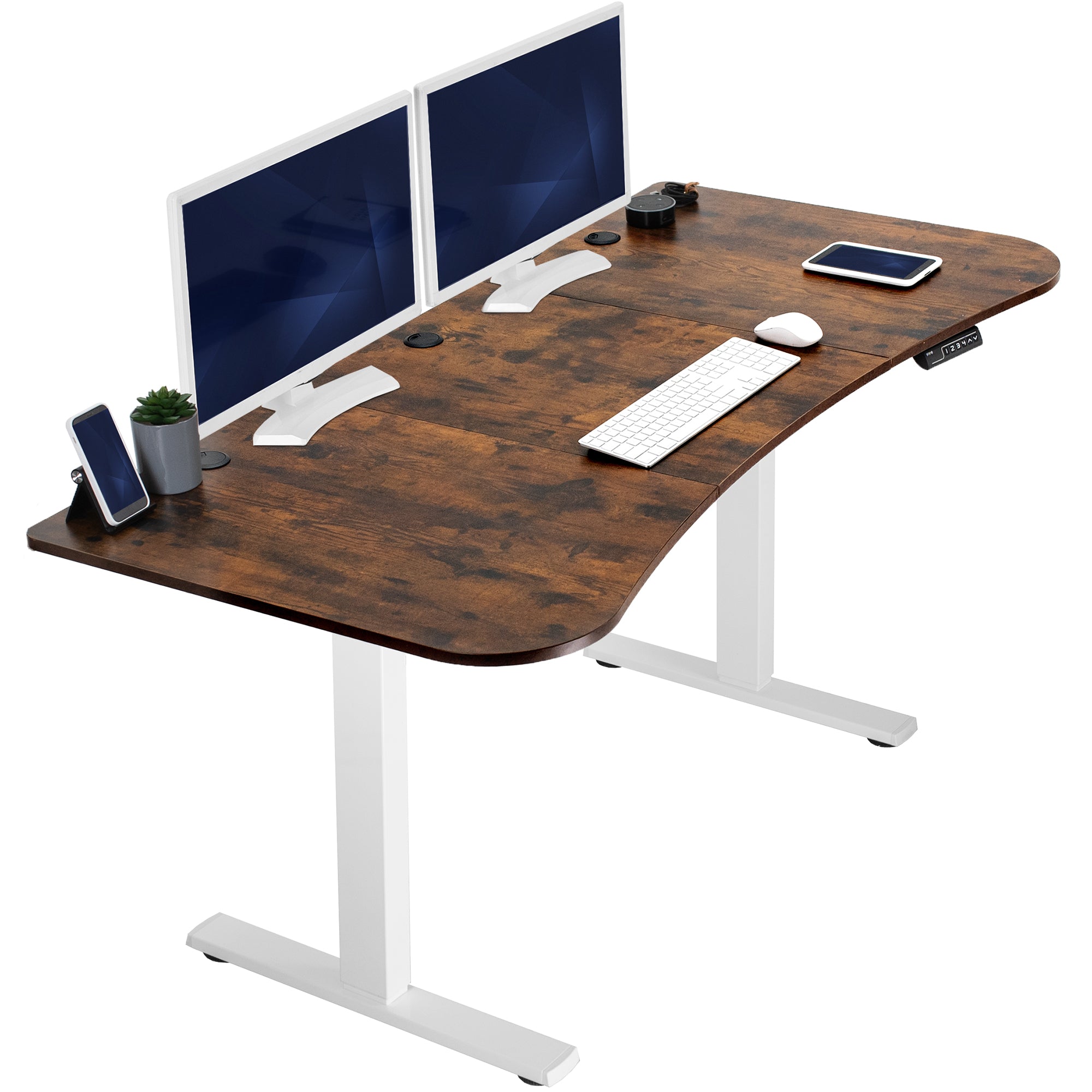 Rustic, vintage brown top white frame, electric, sit to stand, height adjustable desk.