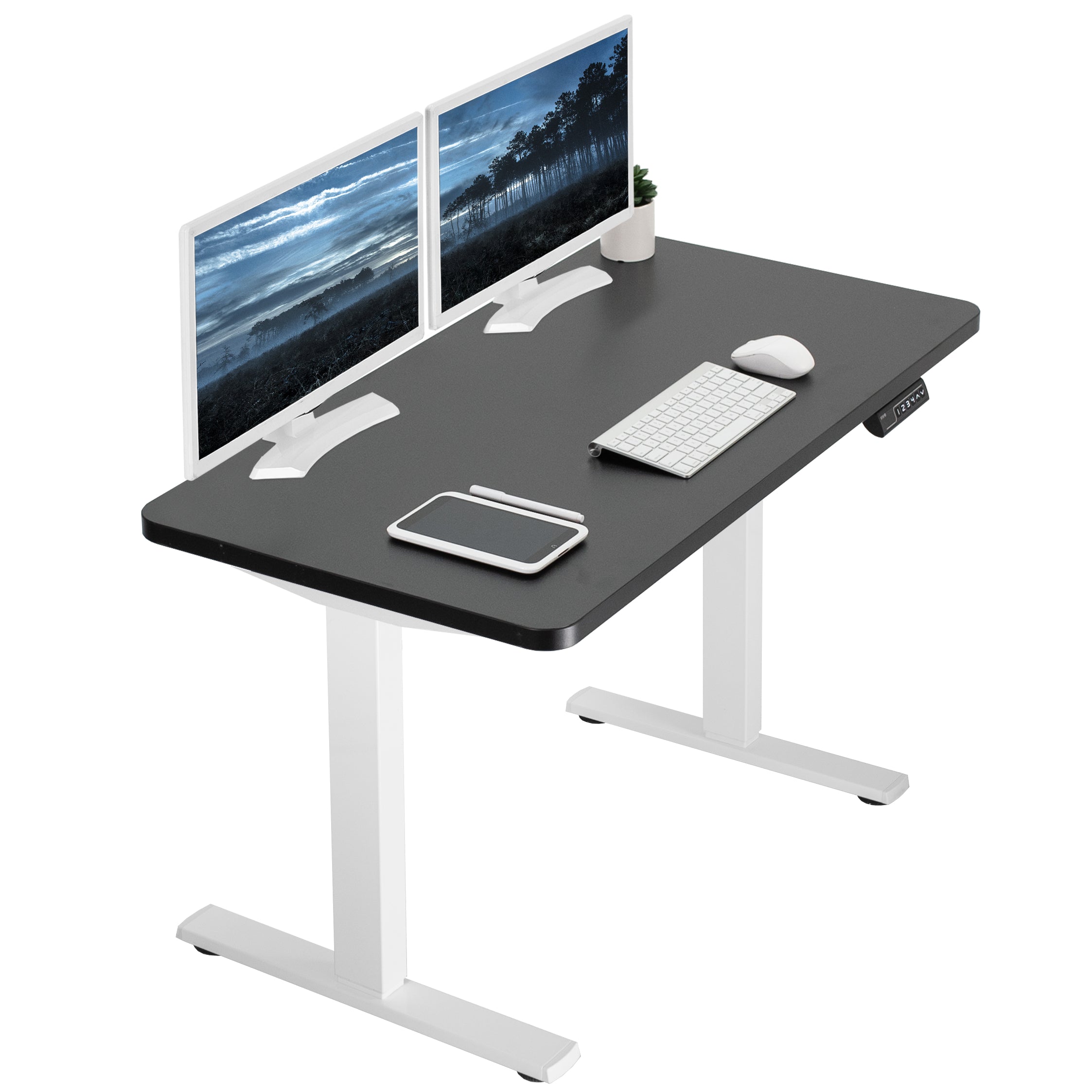 Sturdy ergonomic sit or stand active desk workstation with adjustable height using smart control panel.