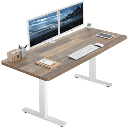 Sturdy wood plank pattern ergonomic sit or stand active desk workstation with adjustable height using smart control panel.