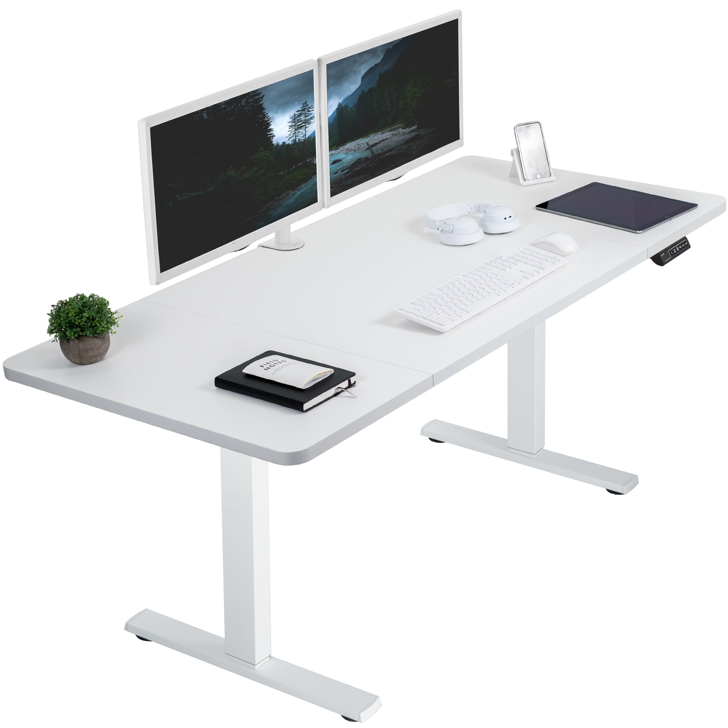 Sturdy ergonomic sit or stand active desk workstation with adjustable height using smart control panel.