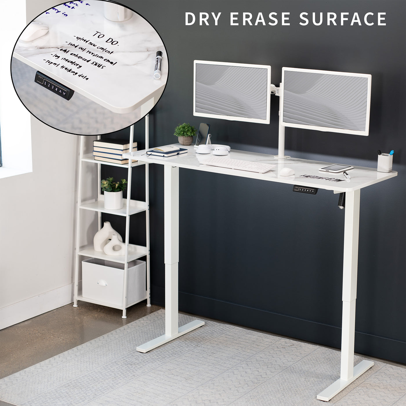 Sturdy ergonomic dry erase sit or stand active whiteboard desk workstation with adjustable height using smart control panel.