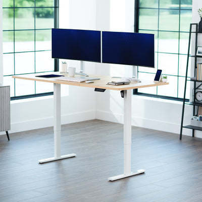 Large sturdy sit or stand modern desk with electric height adjustment options.