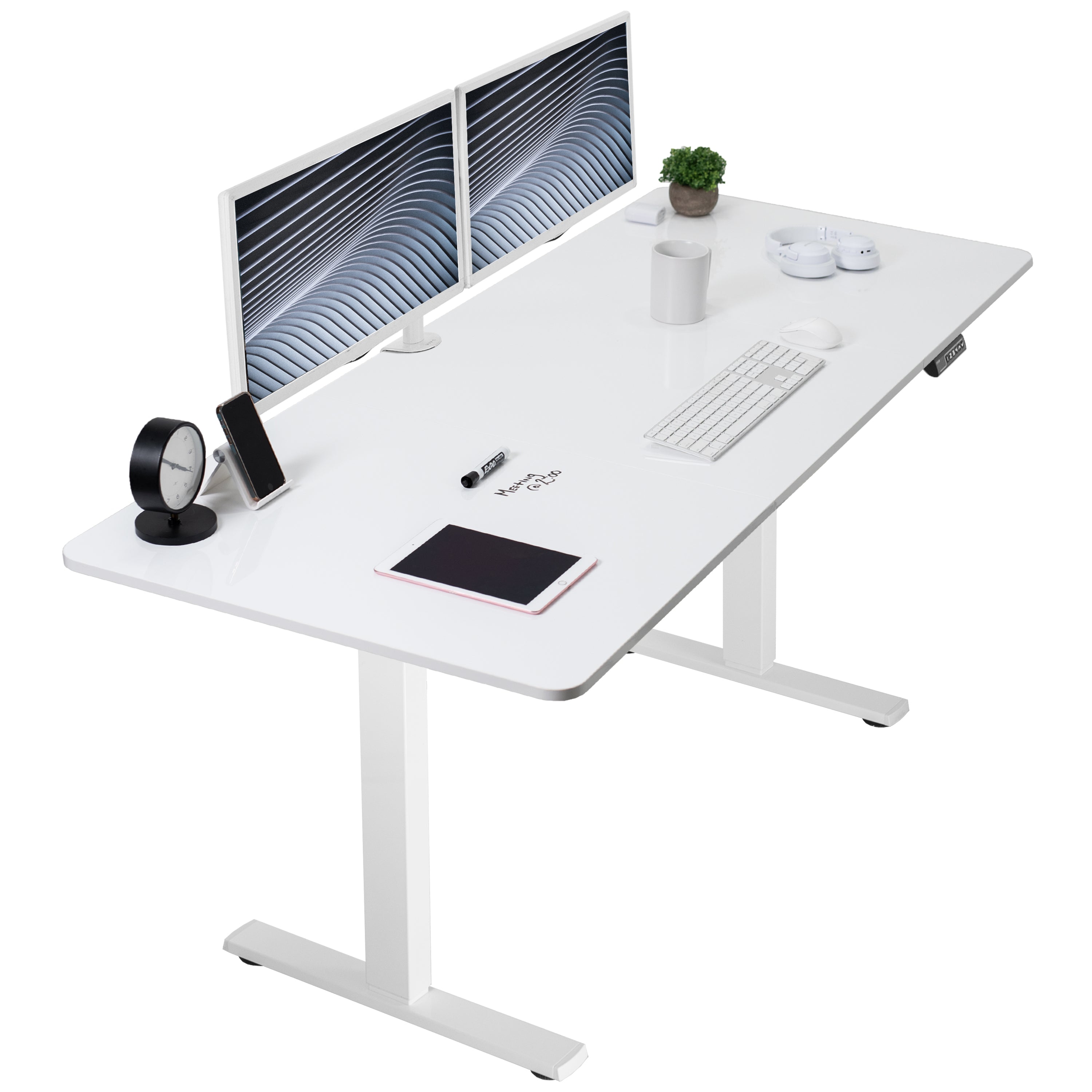 Large sturdy sit or stand dry erase desktop workstation with adjustable height using smart control panel.