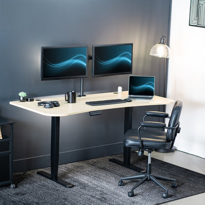 Large standing desk featuring smooth height adjustment, powerful dual motors, and a simple push-button controller featuring memory presets.