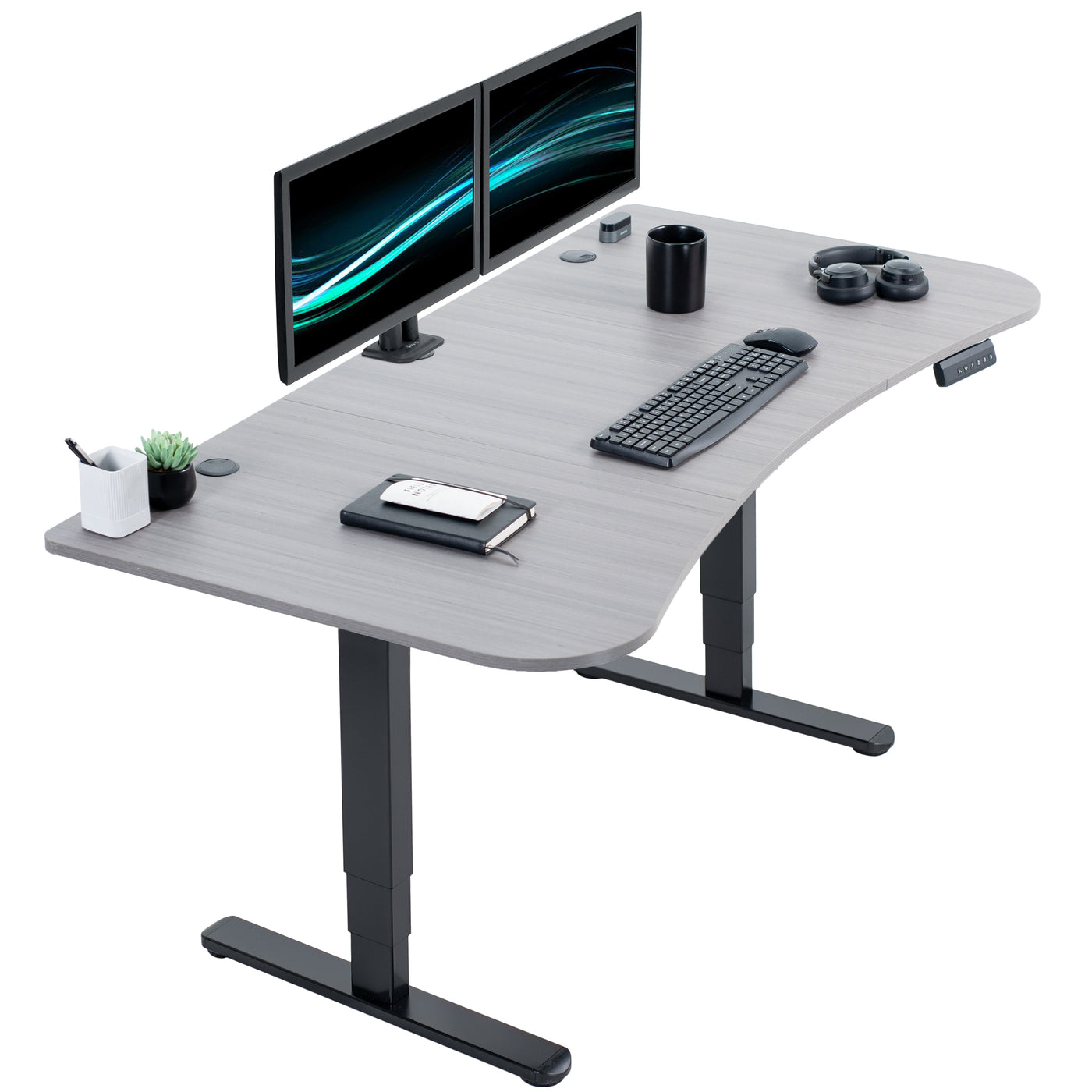 Large standing desk featuring smooth height adjustment, powerful dual motors, and a simple push-button controller featuring memory presets.