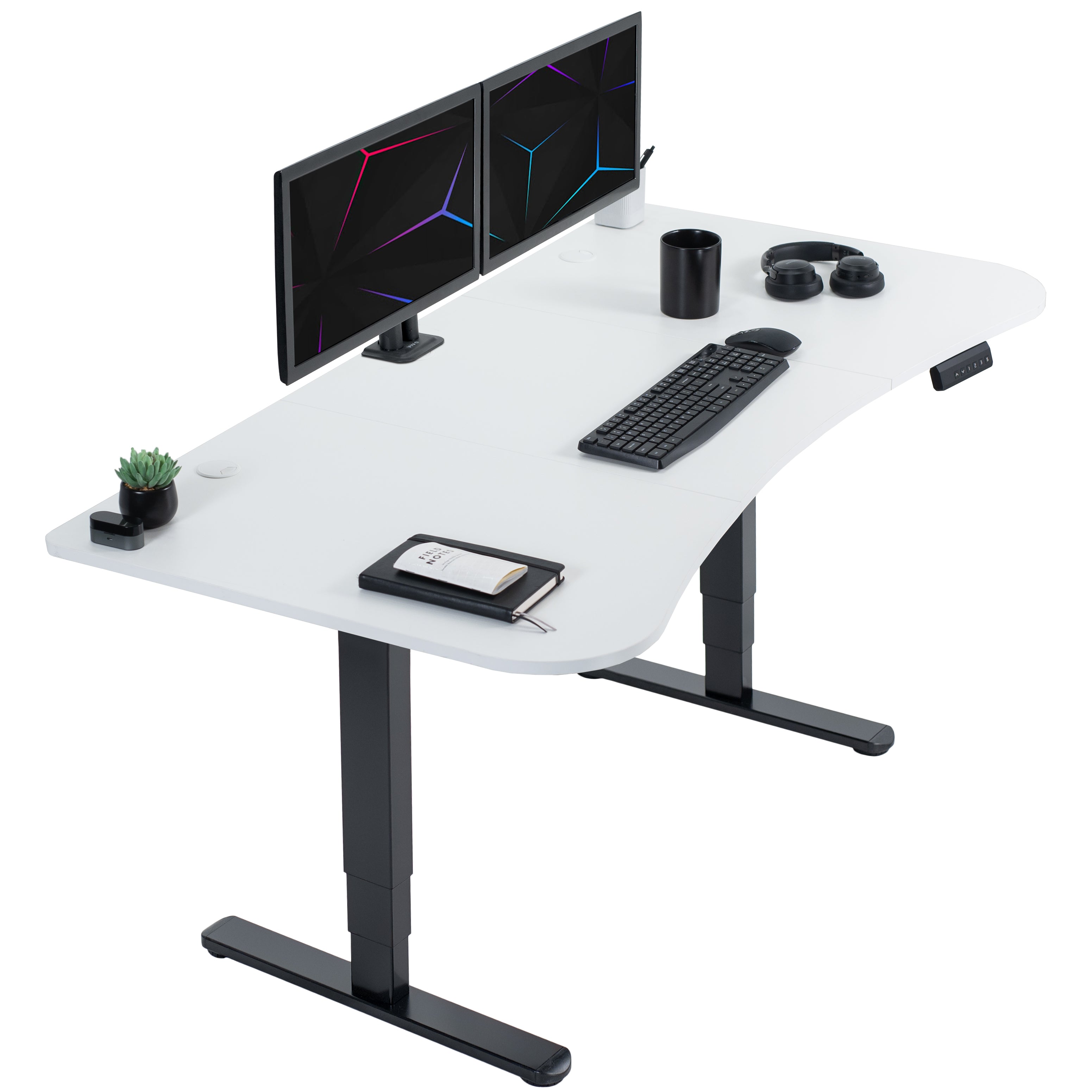 Large standing desk featuring smooth height adjustment, powerful dual motors, and a simple push-button controller featuring memory presets.