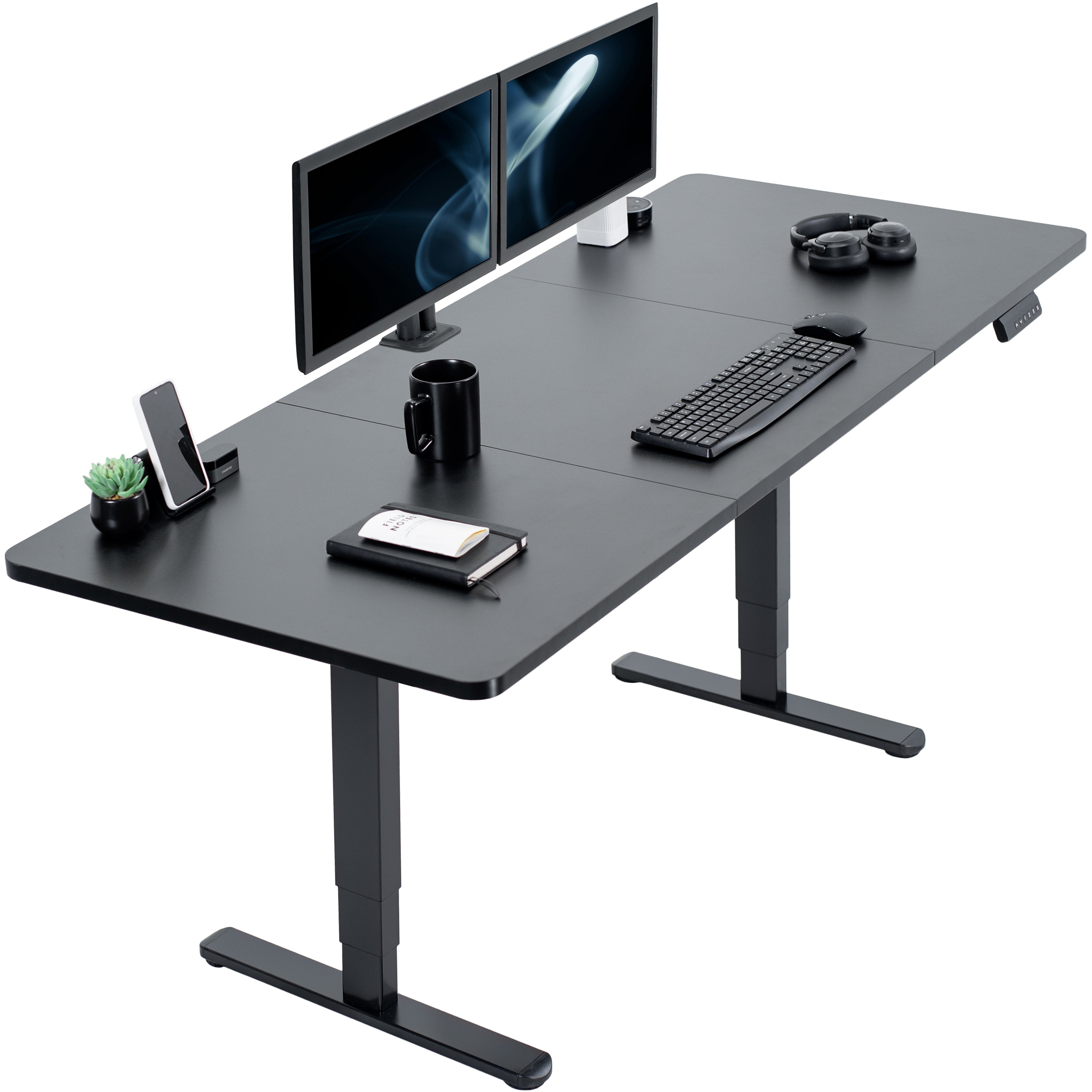 Large sturdy sit or stand active workstation with adjustable height using a memory control panel.