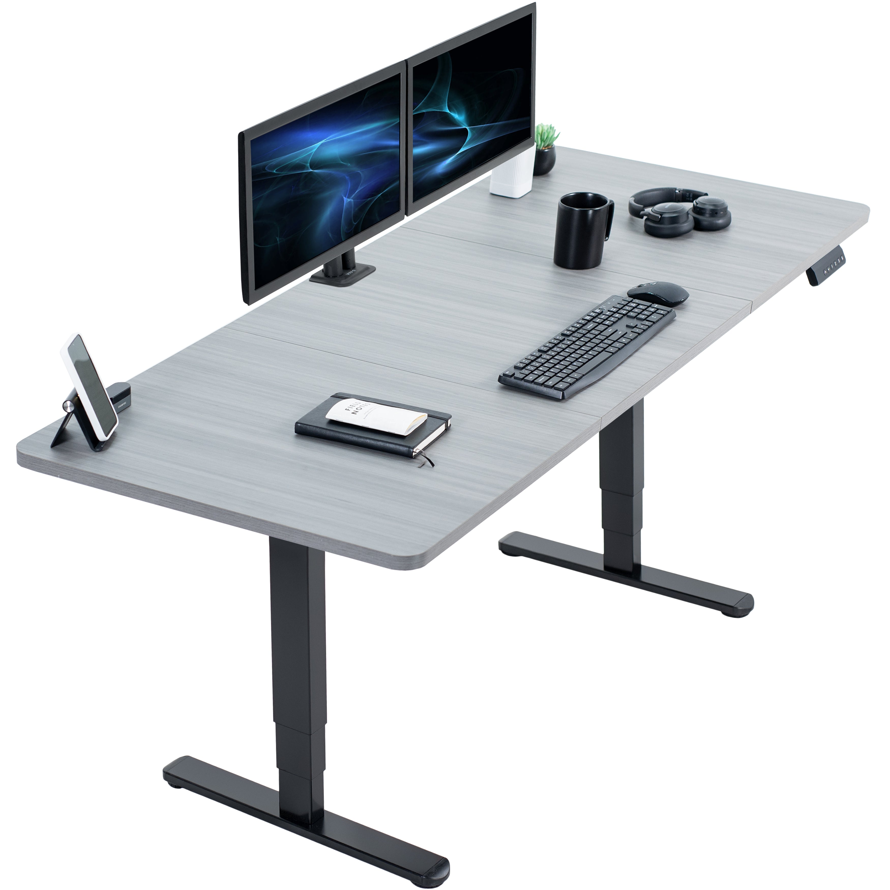 Large sturdy sit or stand active workstation with adjustable height using a memory control panel.