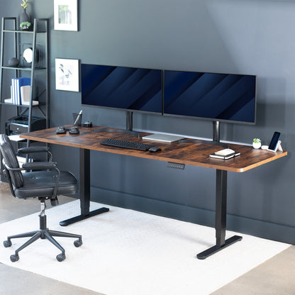 Extra large rustic sit or stand active workstation with adjustable height using a memory control panel.