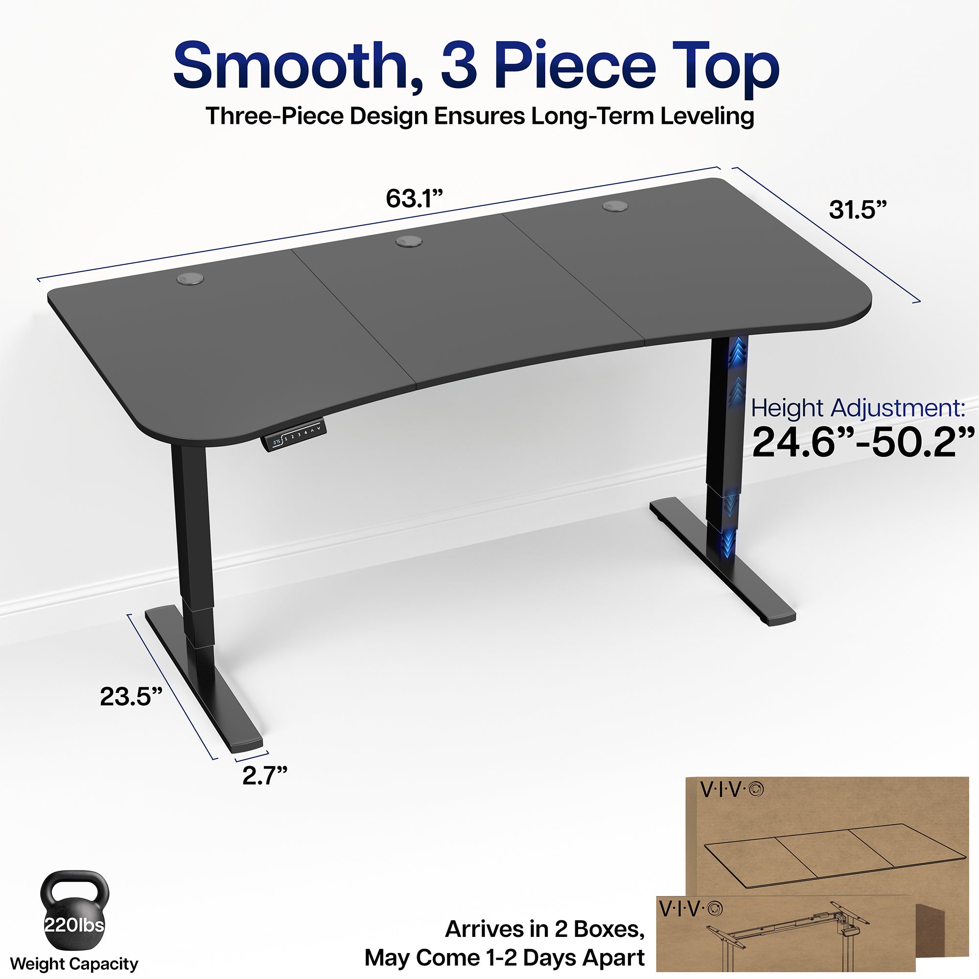 63” x 32” Electric Height Adjustable Stand Up Desk. Features a built-in power strip.