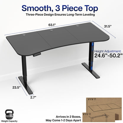 63” x 32” Electric Height Adjustable Stand Up Desk. Features a built-in power strip.