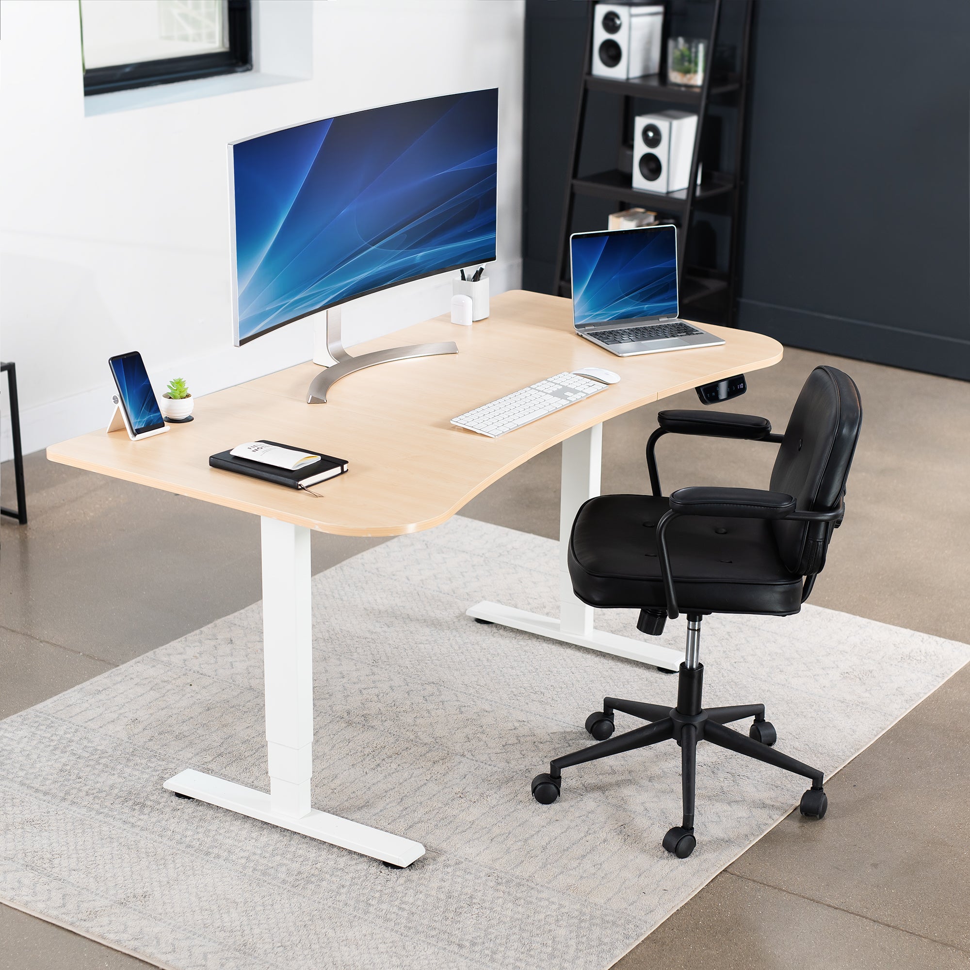 Ergonomic sit or stand active workstation with adjustable height using touch screen control panel.