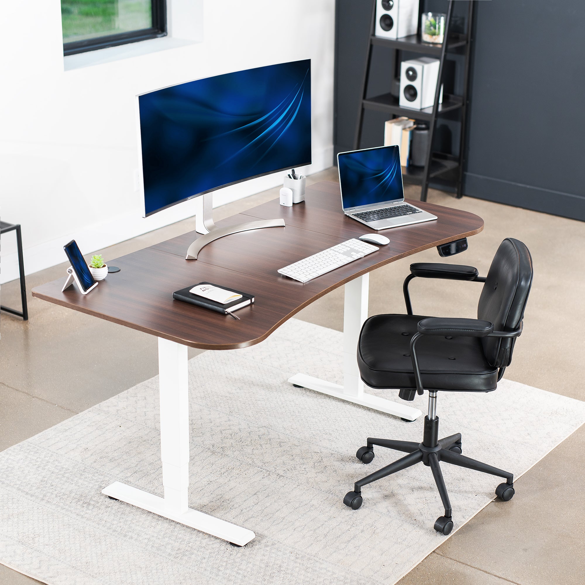 Ergonomic sit or stand active workstation with adjustable height using touch screen control panel.