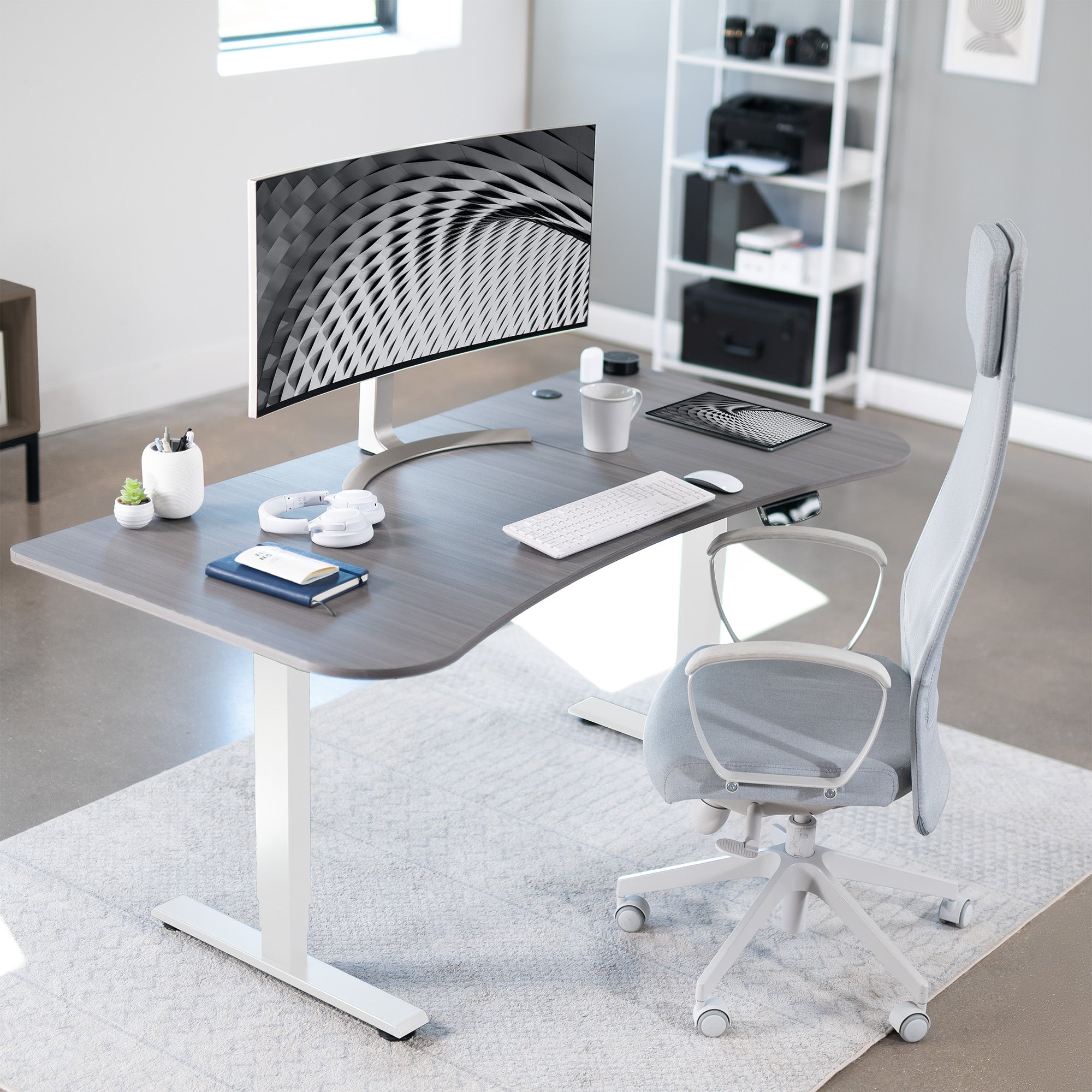 Ergonomic sit or stand active workstation with adjustable height using touch screen control panel.