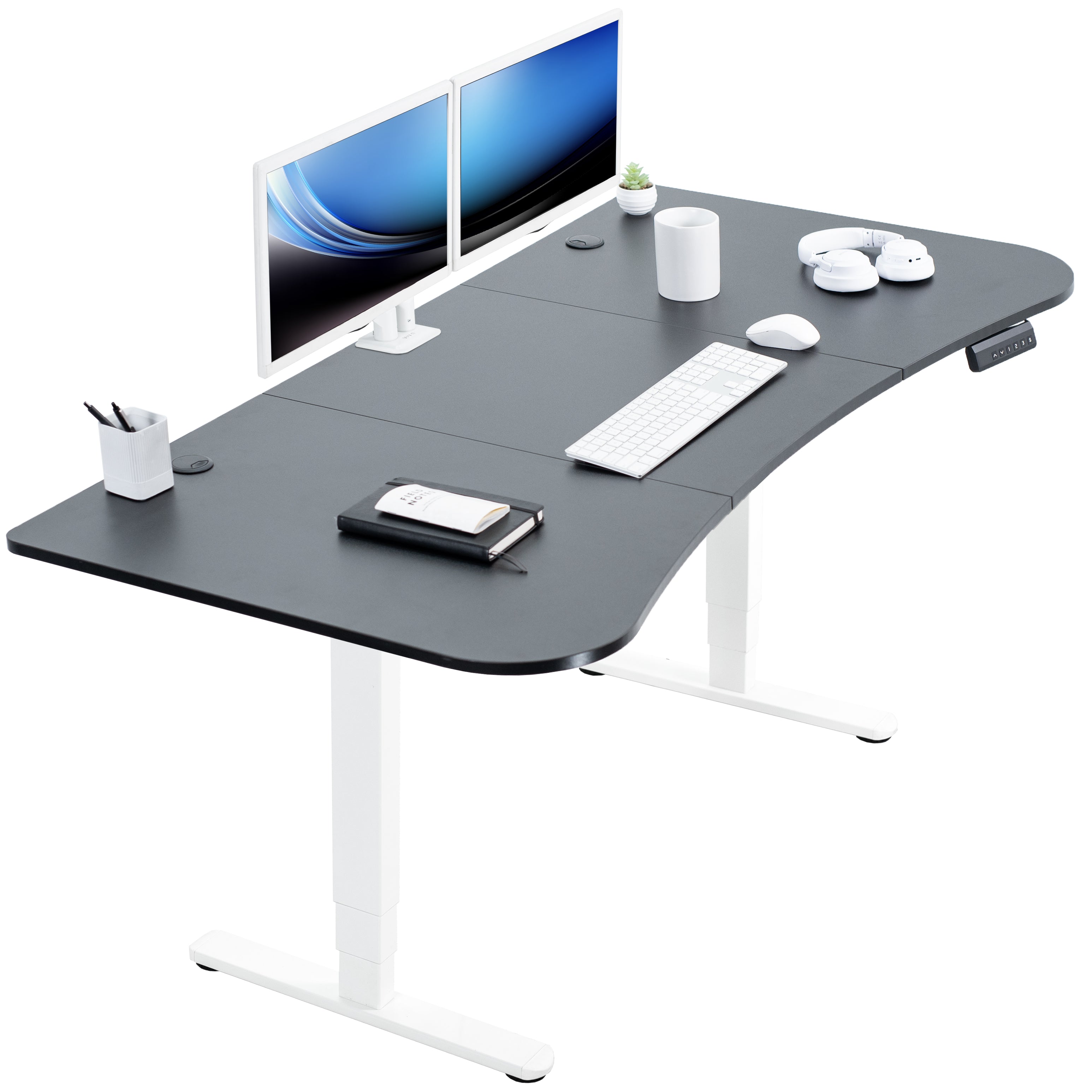 Large standing desk featuring smooth height adjustment, powerful dual motors, and a simple push-button controller featuring memory presets.