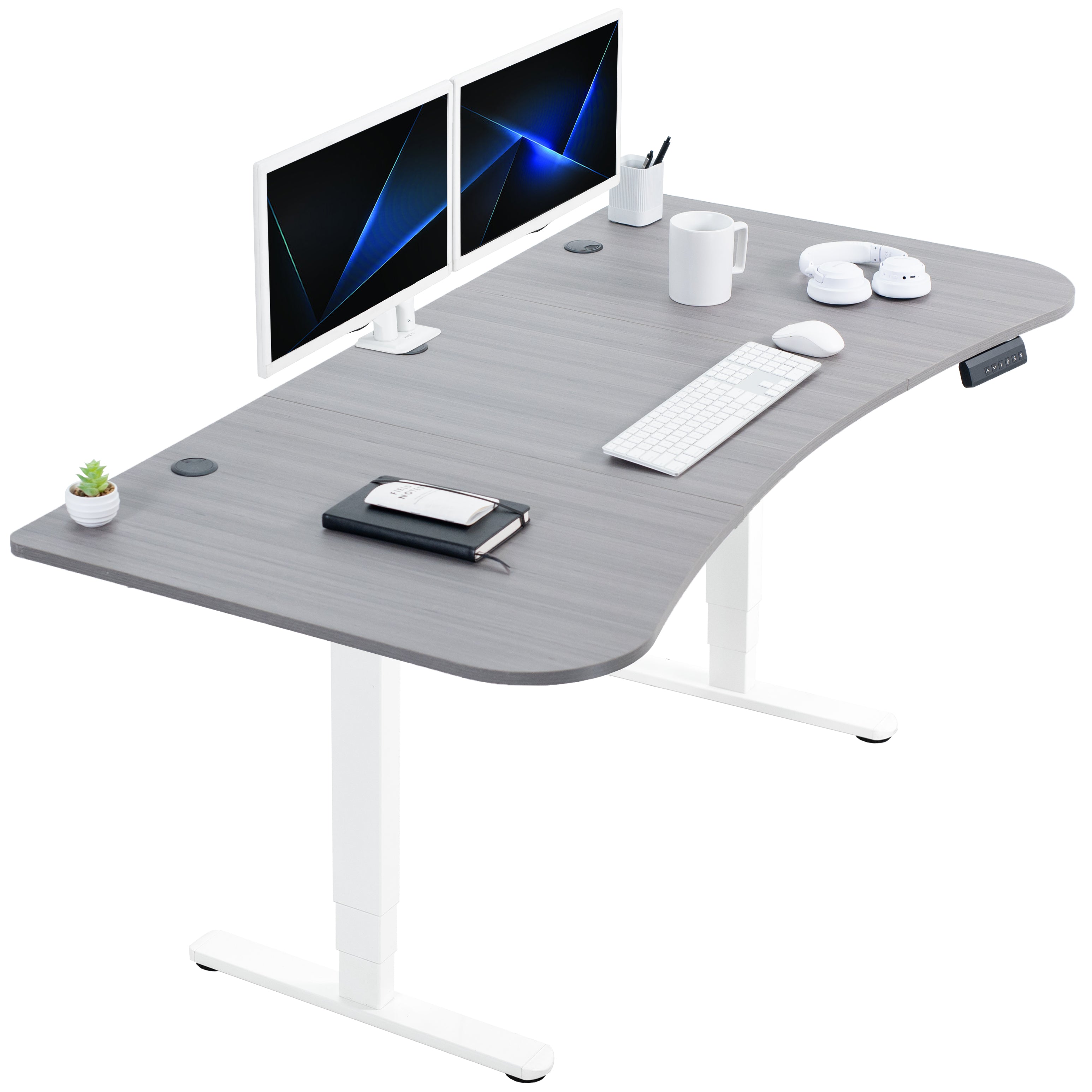 Large standing desk featuring smooth height adjustment, powerful dual motors, and a simple push-button controller featuring memory presets.