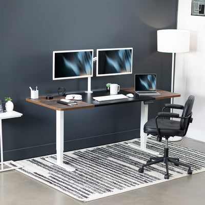 Rustic large sturdy sit or stand active workstation with adjustable height using memory control panel.