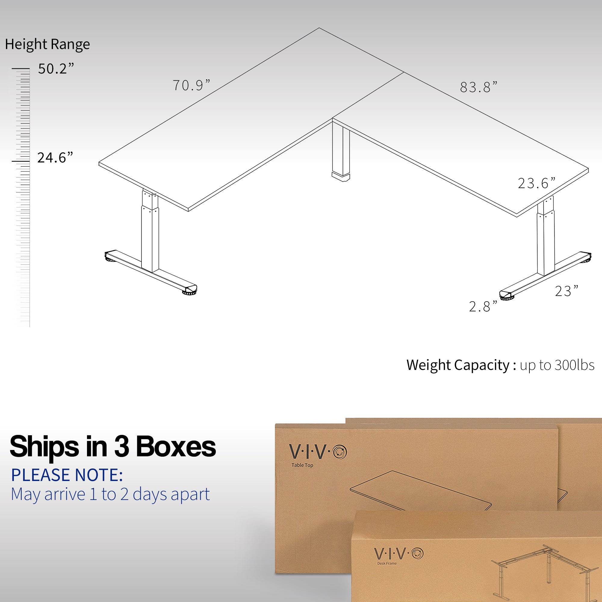 Extra large electric heavy-duty corner desk workstation for modern office workspaces. Desk parts ship in three separate boxes and may arrive on separate days.