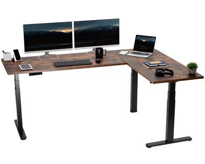 Large rustic electric heavy-duty corner desk workstation for modern office workspaces.