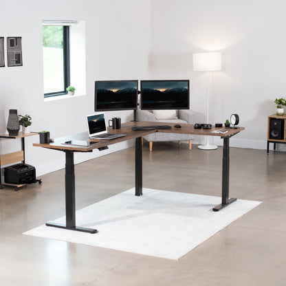Large rustic electric heavy-duty corner desk workstation for modern office workspaces.