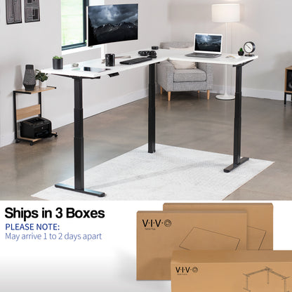 Large electric heavy-duty corner desk workstation for modern office workspaces. Desk parts ship in three separate boxes and may arrive on separate days.