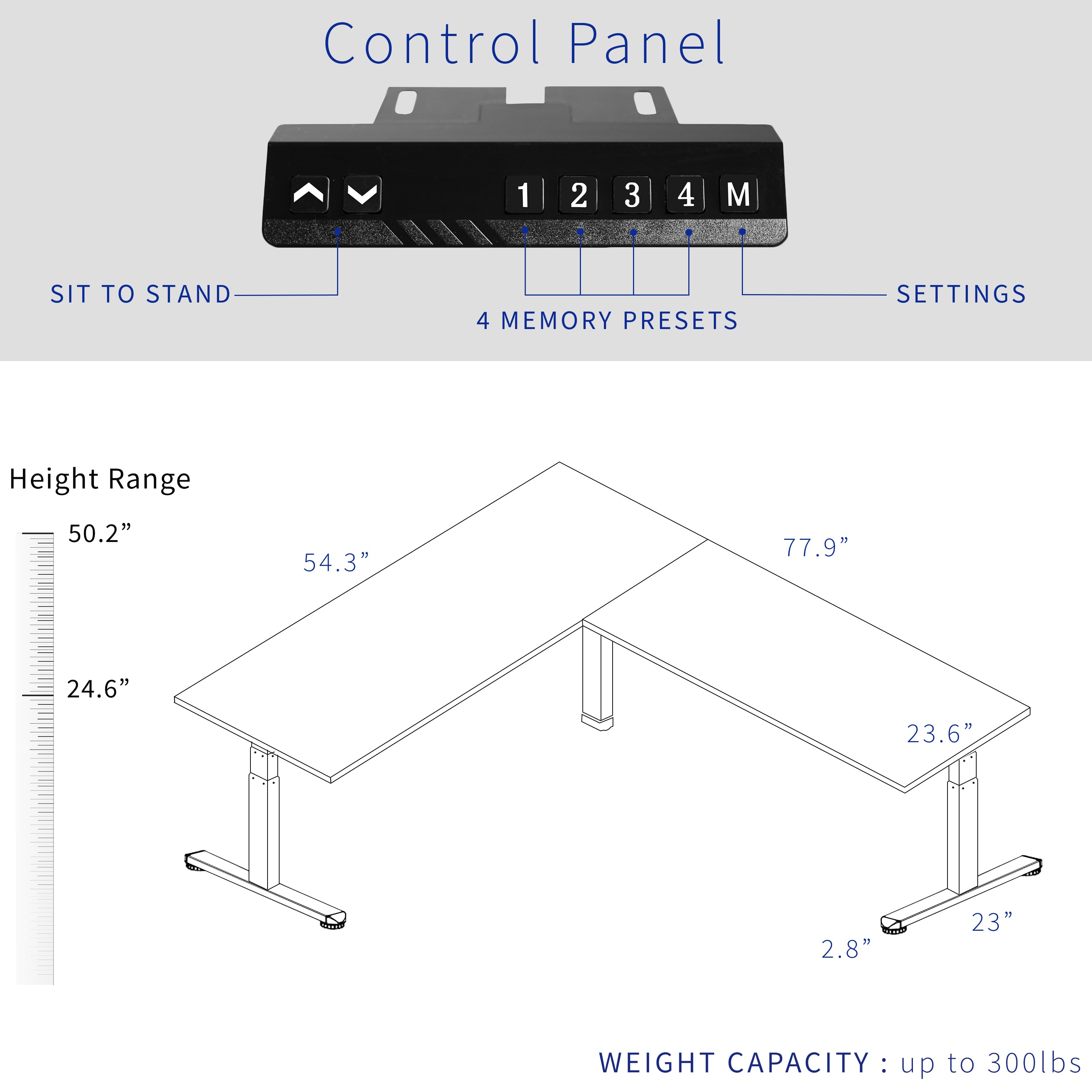 Large electric heavy-duty corner desk workstation with smart control panel.