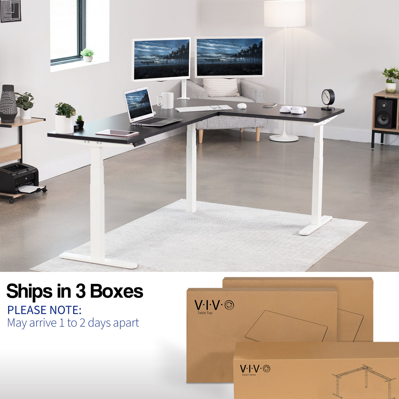 Large electric heavy-duty corner desk workstation for modern office workspaces. Desk parts ship in three separate boxes and may arrive on separate days.