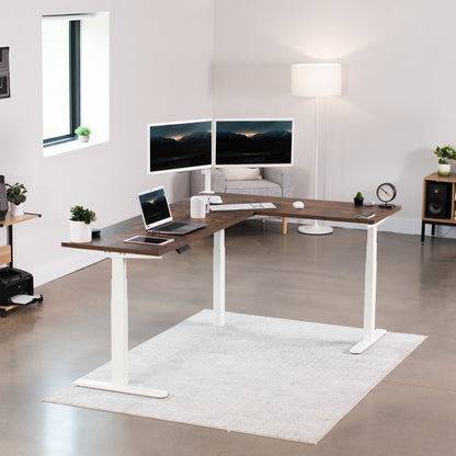 Large rustic electric heavy-duty corner desk workstation for modern office workspaces.