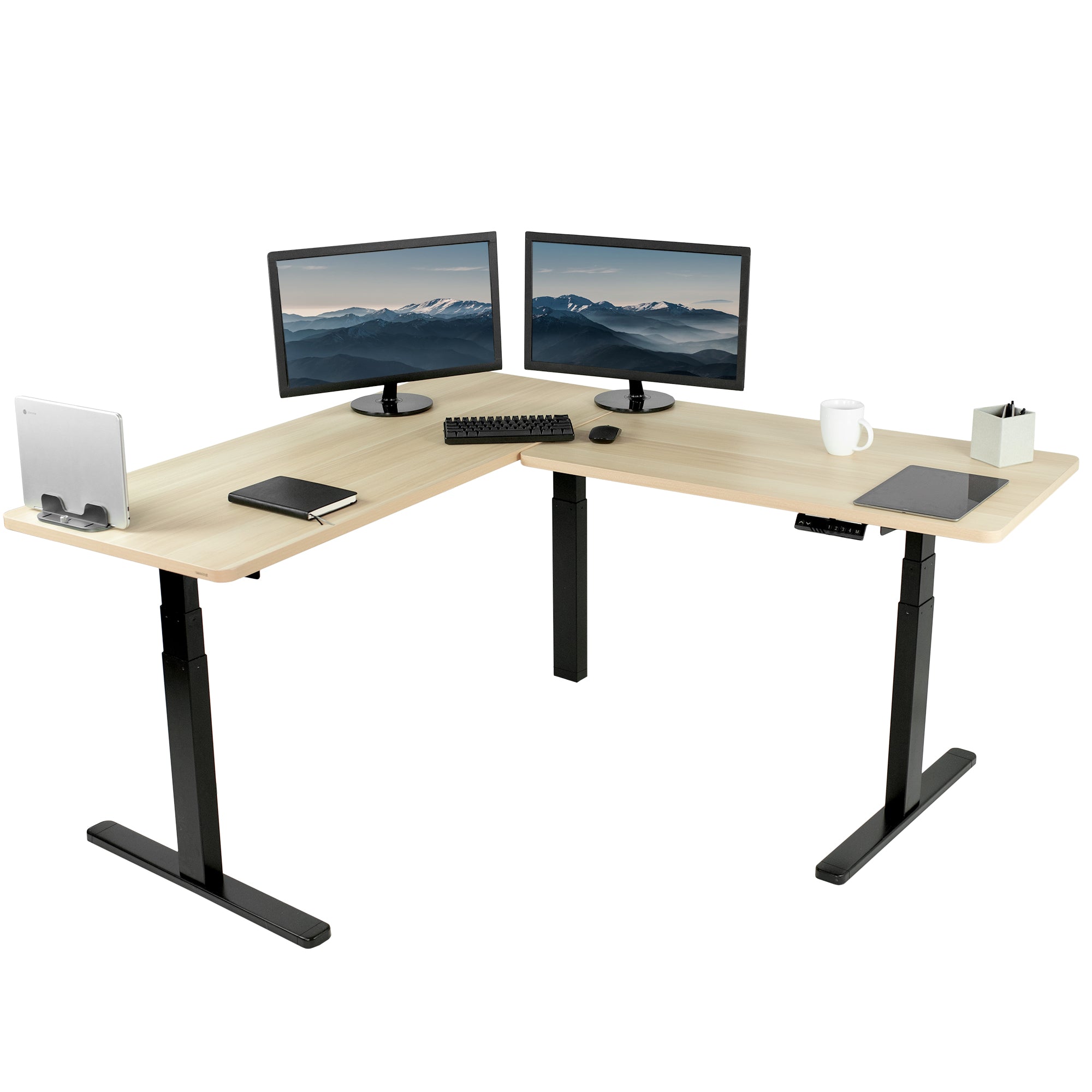 Sit or stand, 3 stage column heavy-duty L-shaped corner desk from VIVO.