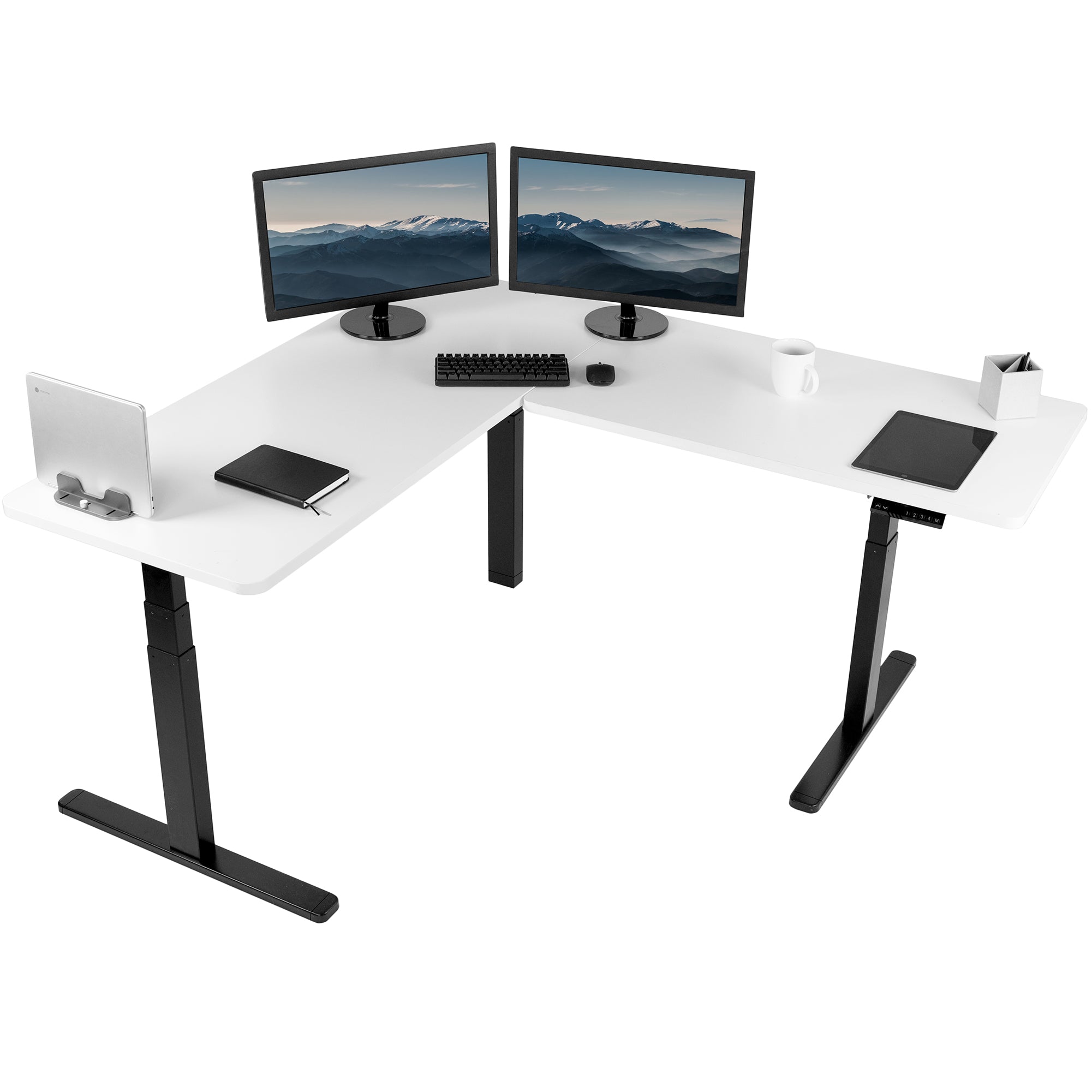 Sit or stand, 3 stage column heavy-duty L-shaped corner desk from VIVO.