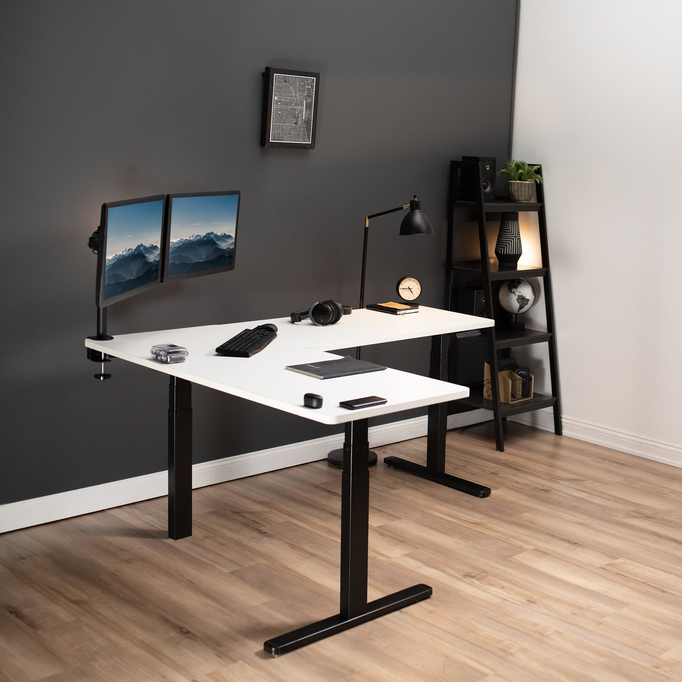 Sit or stand, 3 stage column heavy-duty L-shaped corner desk from VIVO.
