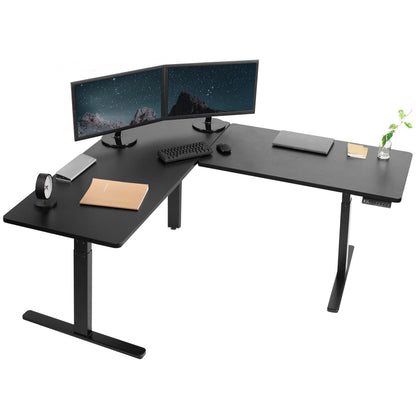 Sit or stand, 3 stage column heavy-duty L-shaped corner desk from VIVO.