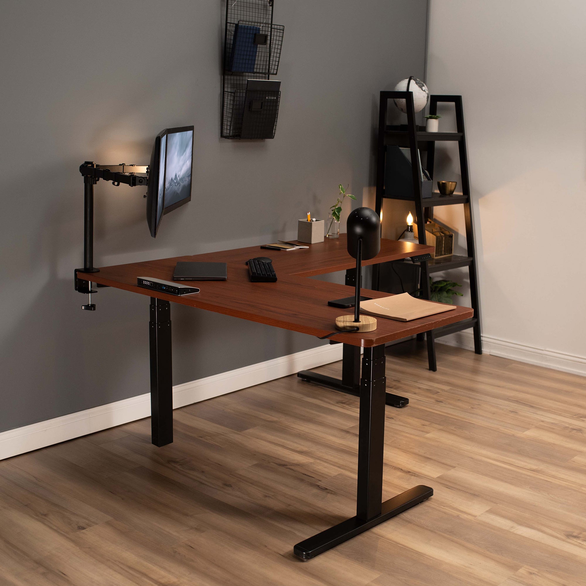 Sit or stand, 3 stage column heavy-duty L-shaped corner desk from VIVO.