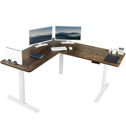 Heavy-duty electric height adjustable corner desk workstation for active sit or stand efficient workspace.