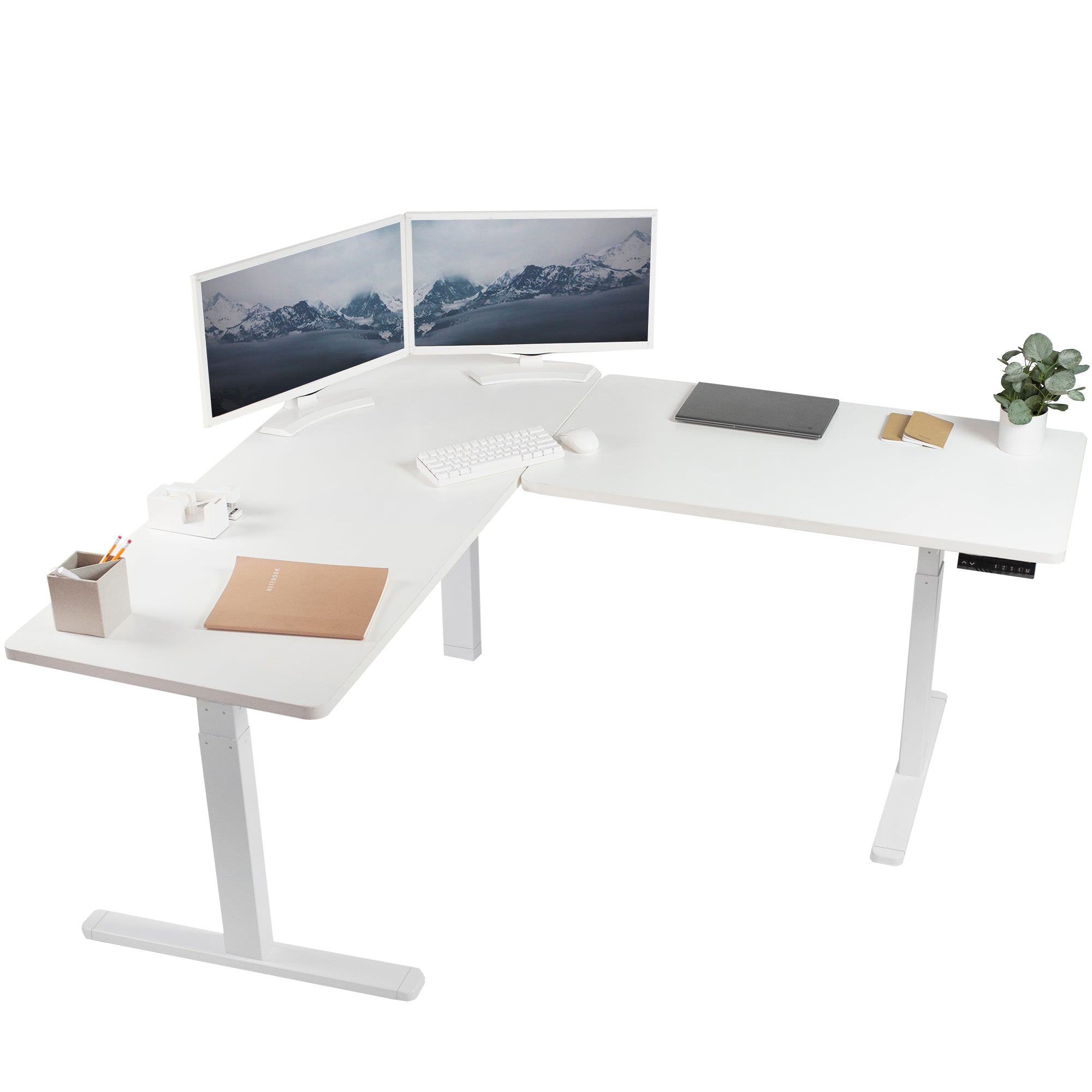 Heavy-duty electric height adjustable corner desk workstation for active sit or stand efficient workspace.