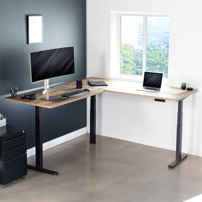 Sit or stand, 3-stage column, heavy-duty, L-shaped corner desk from VIVO. 