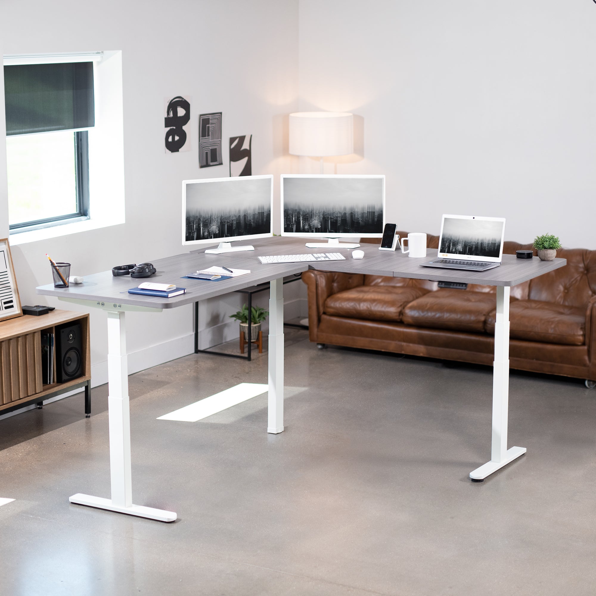 Sit or stand, 3-stage column, heavy-duty, L-shaped corner desk from VIVO. 