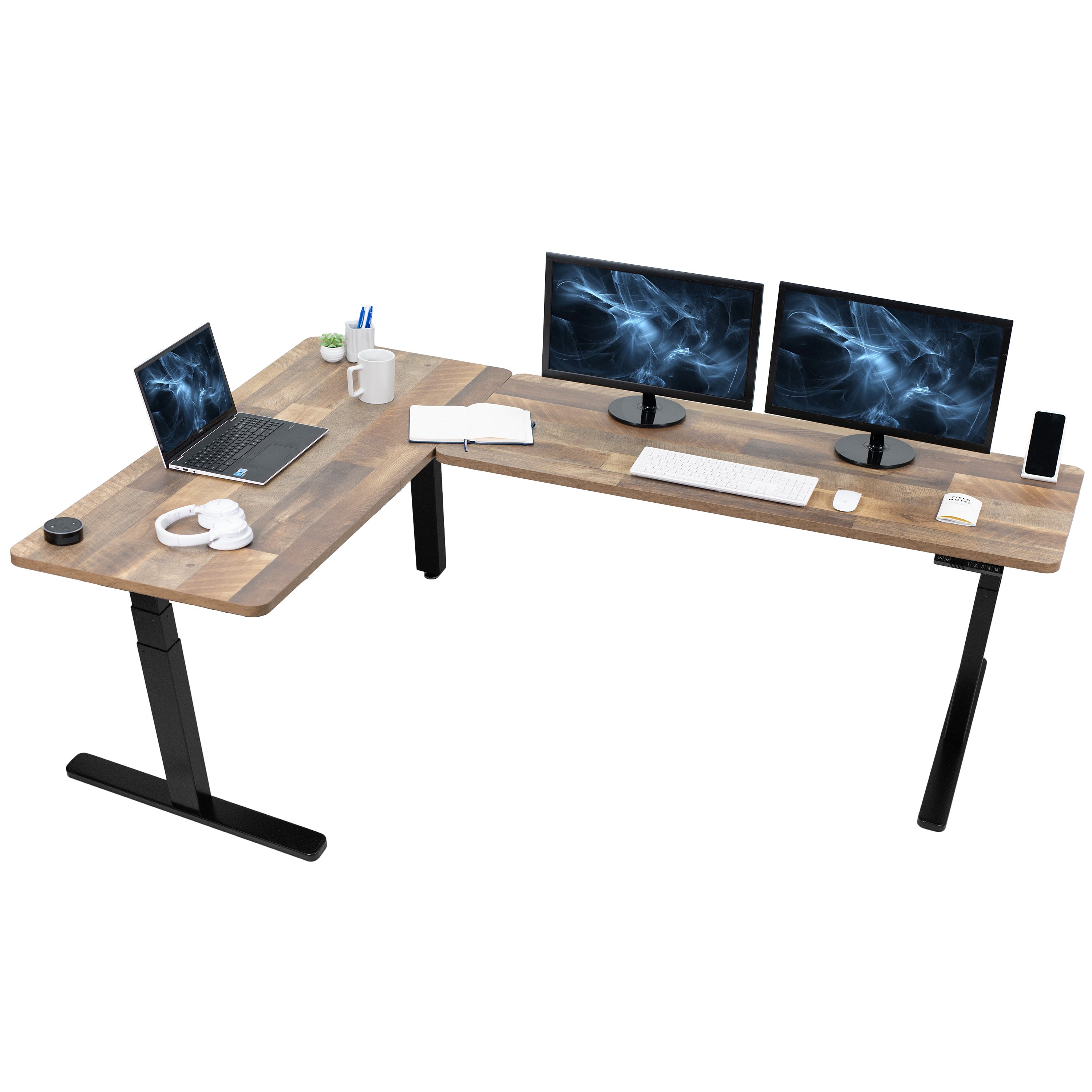 Large sturdy height adjustable corner desk workstation with memory controller.