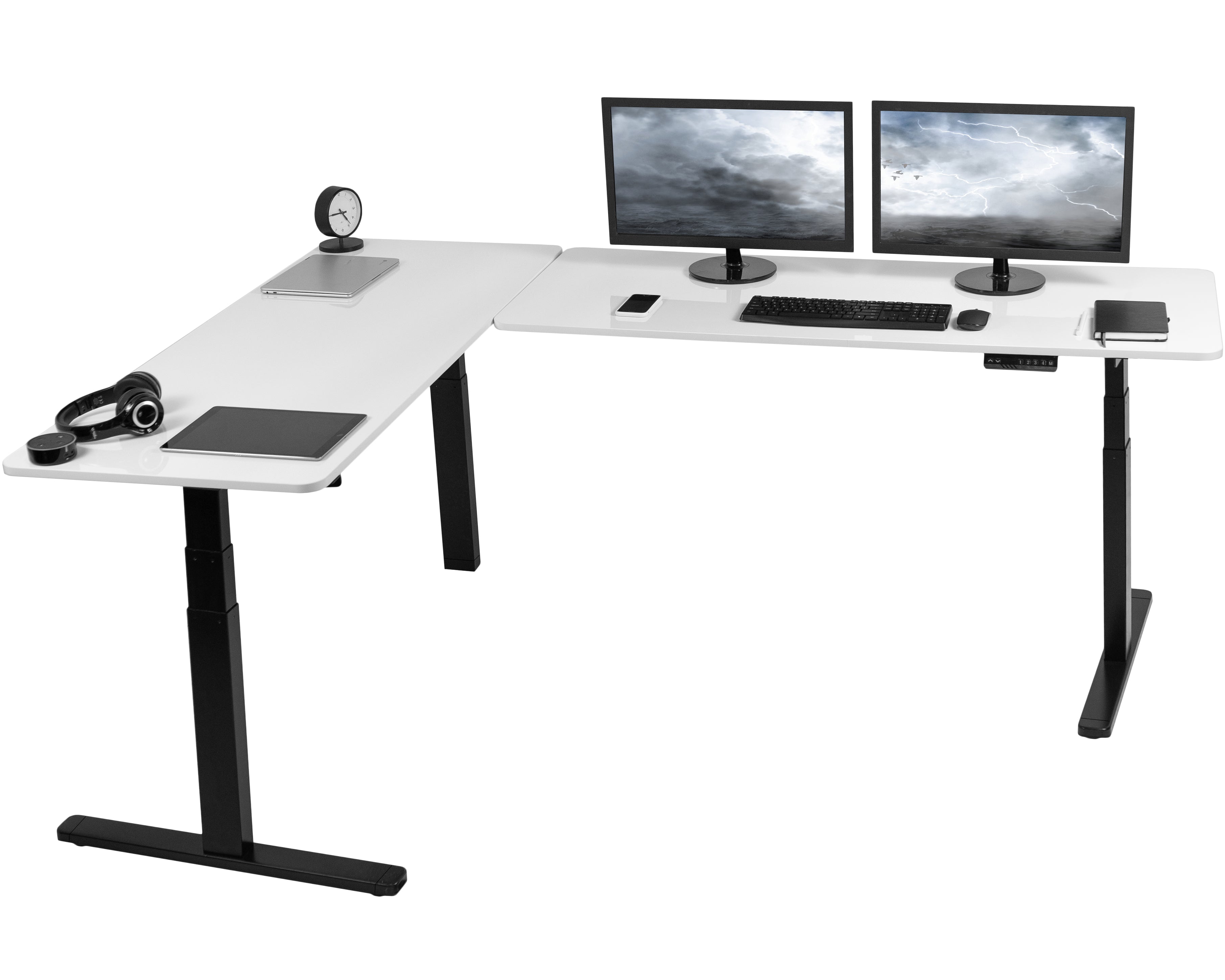 Large sturdy height adjustable dry erase whiteboard corner desk workstation with memory controller.