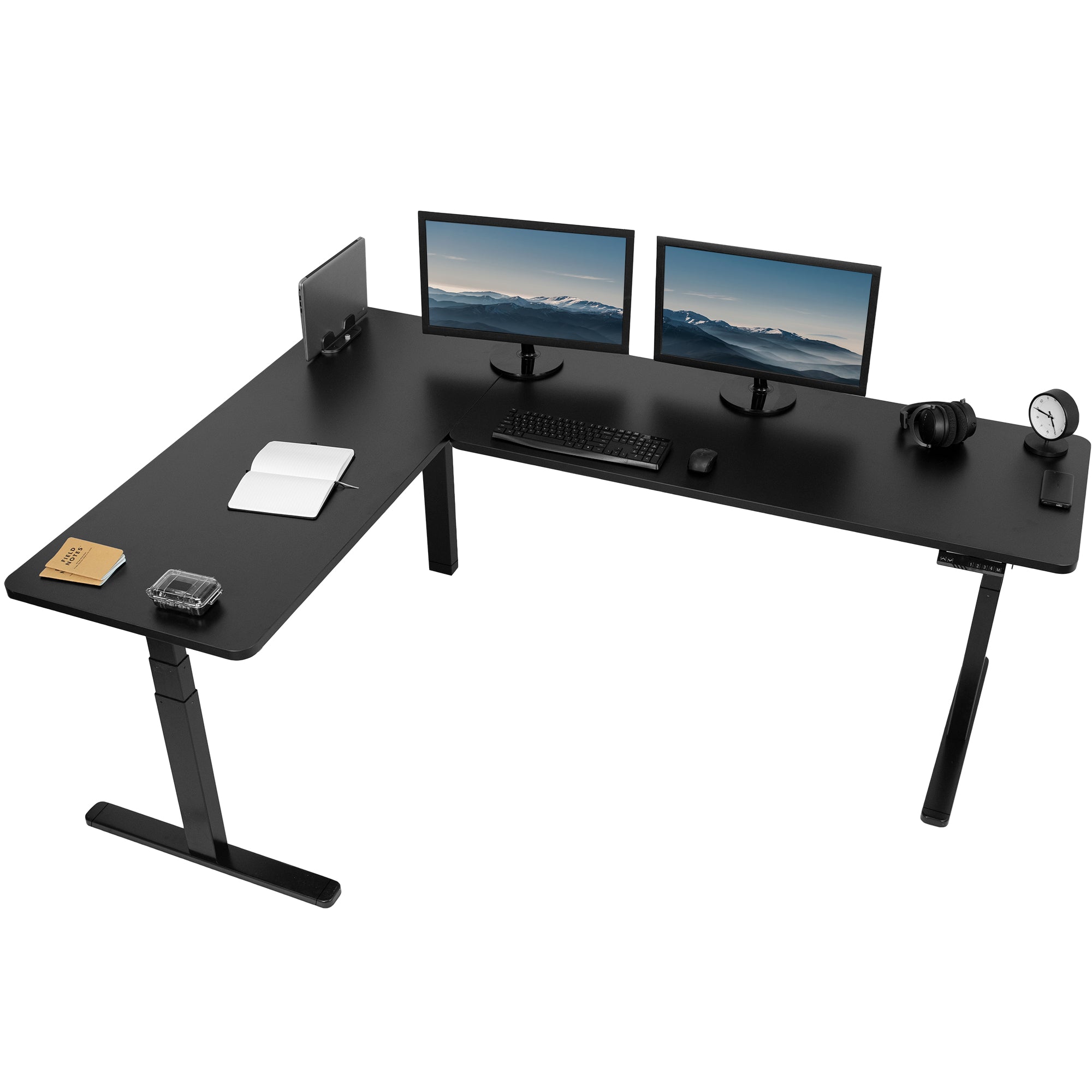 Large sturdy height adjustable corner desk workstation with memory controller.