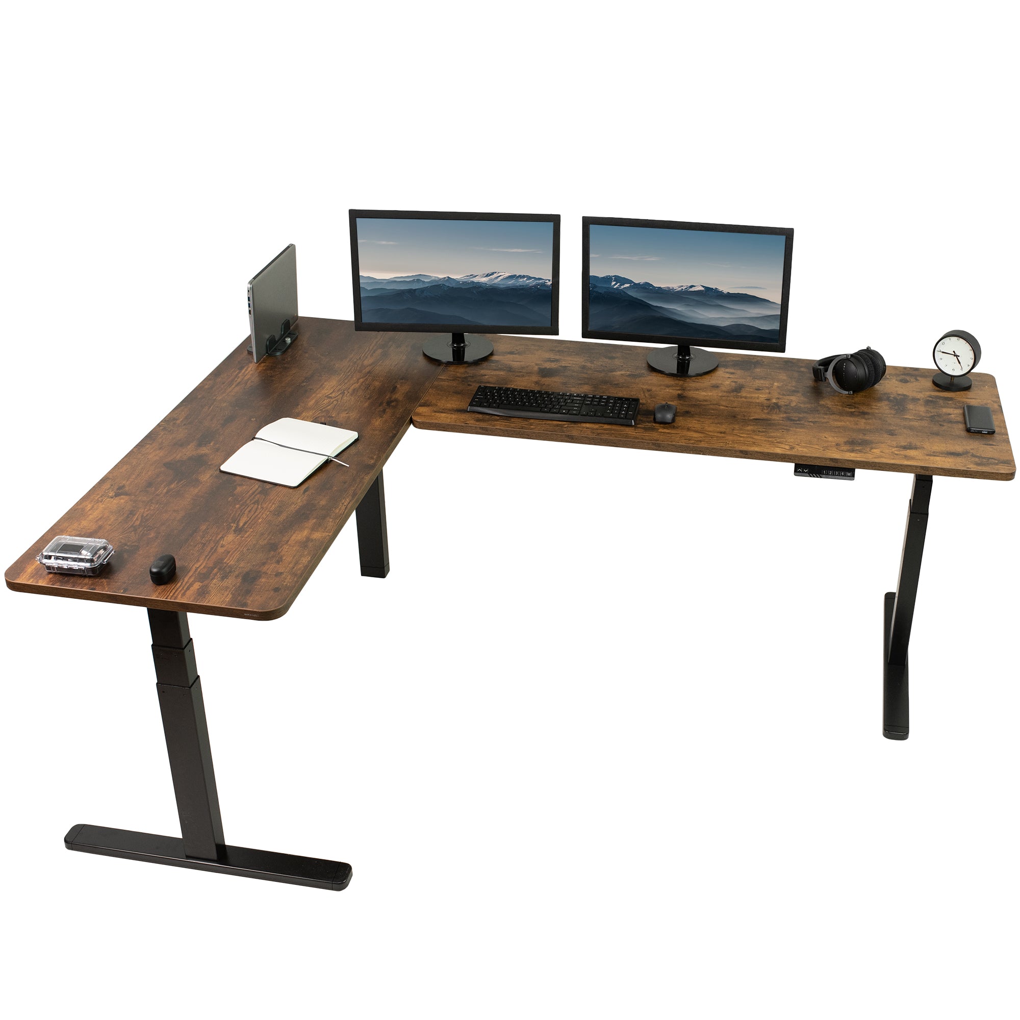 Large sturdy height adjustable corner desk workstation with memory controller.