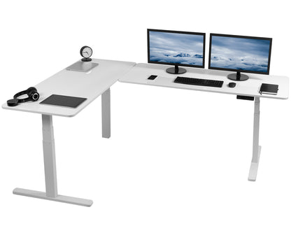 Large sturdy height adjustable corner desk workstation with memory controller.