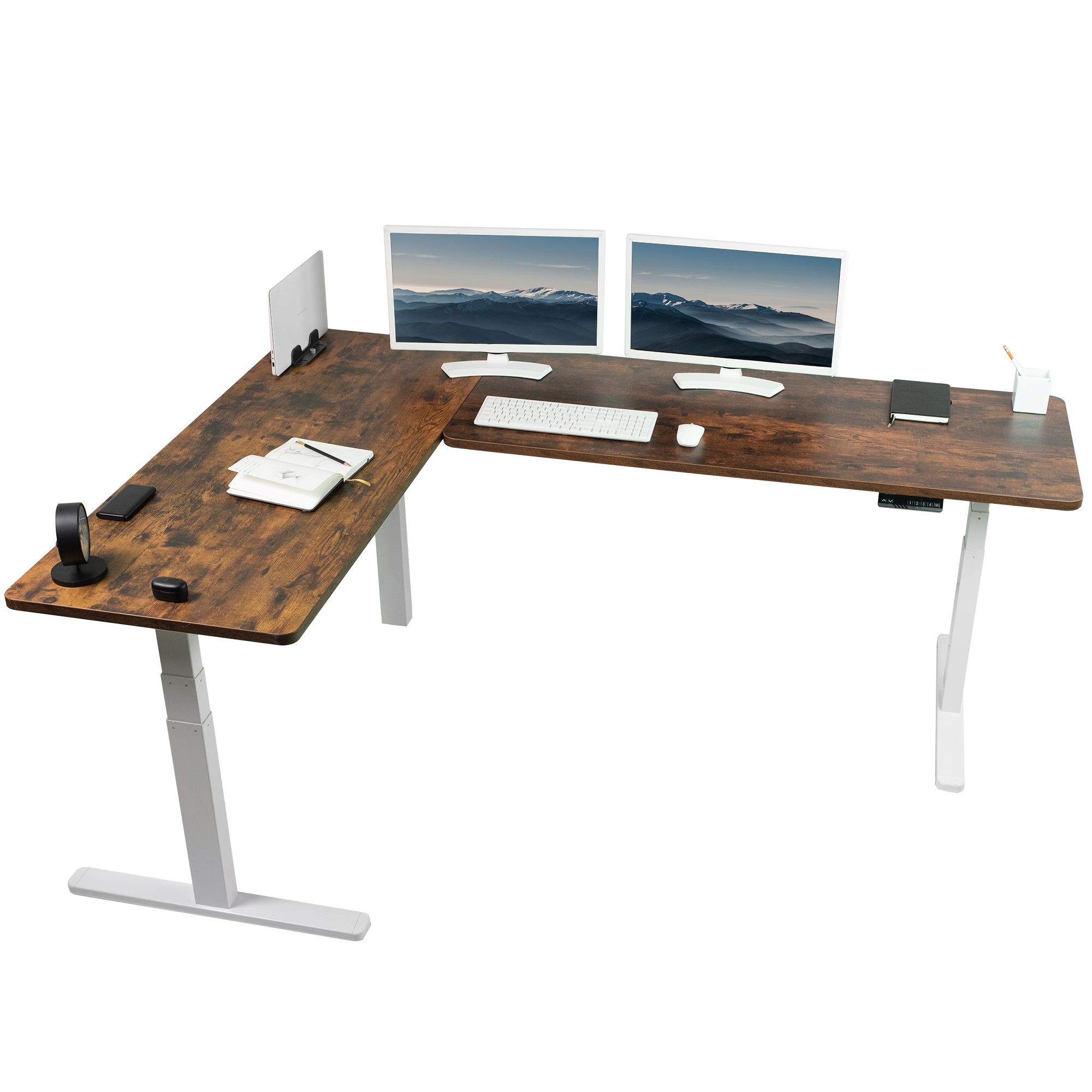 Large sturdy height adjustable corner desk workstation with memory controller.