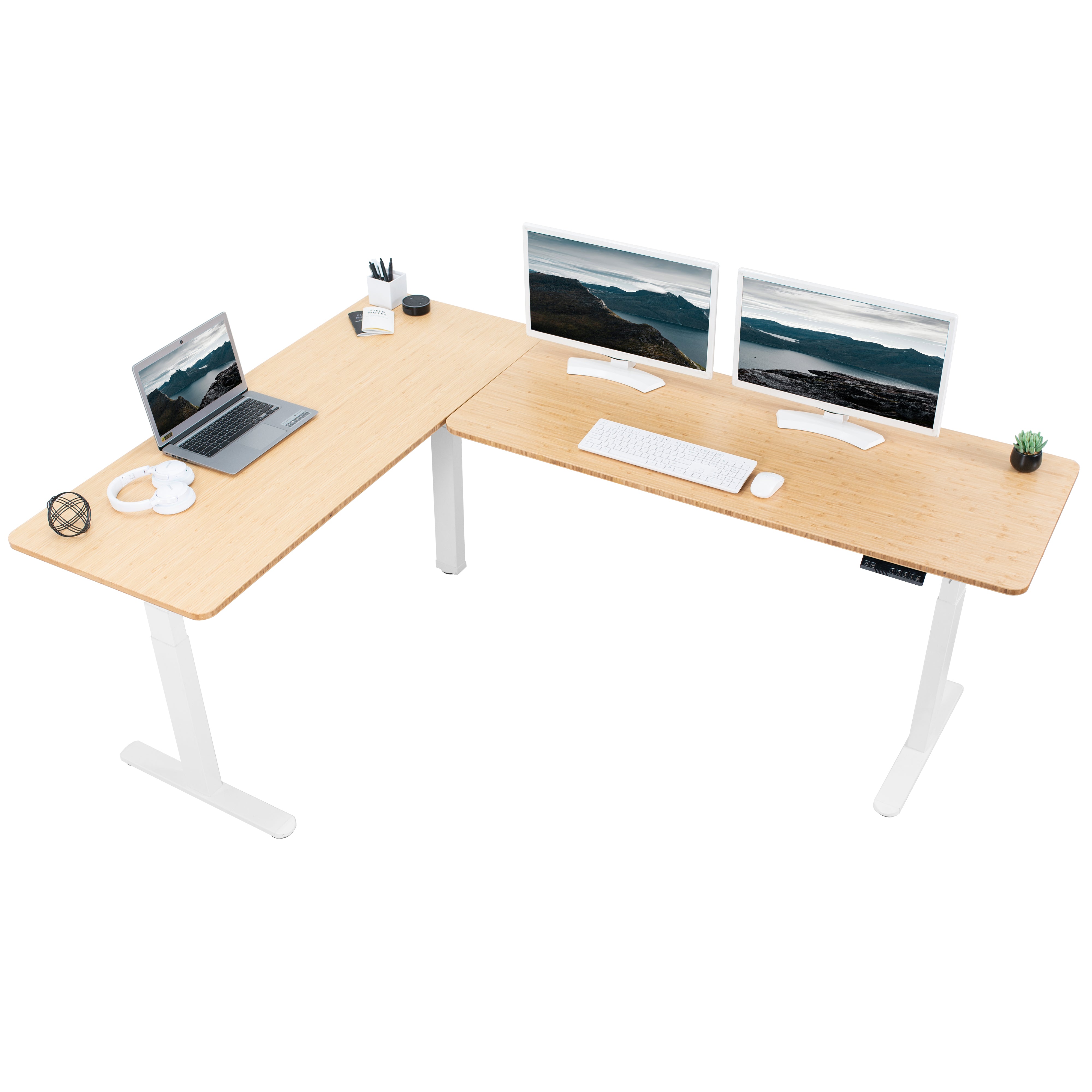 Large sturdy height adjustable bamboo corner desk workstation with memory controller.