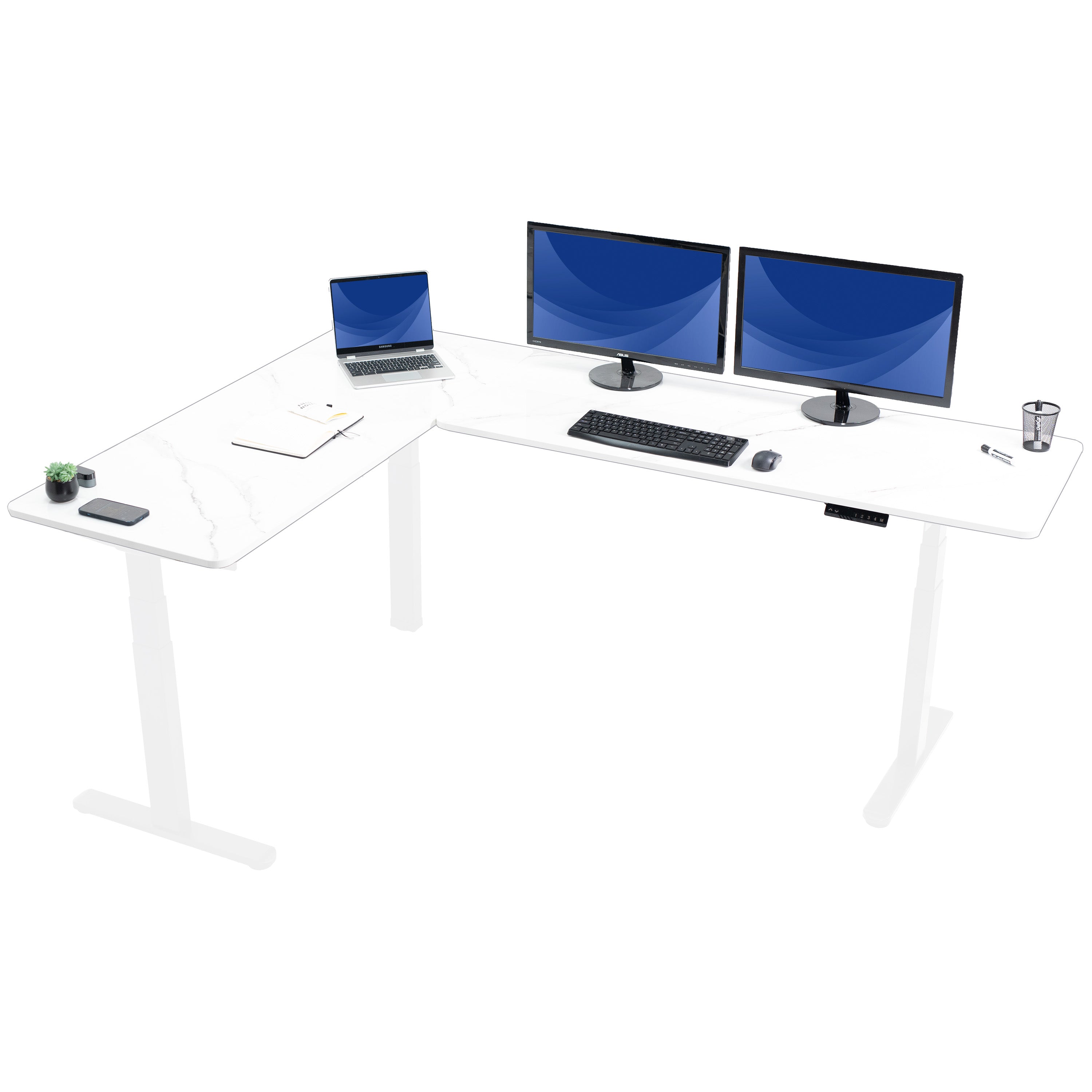 Large sturdy height adjustable corner desk workstation with memory controller.