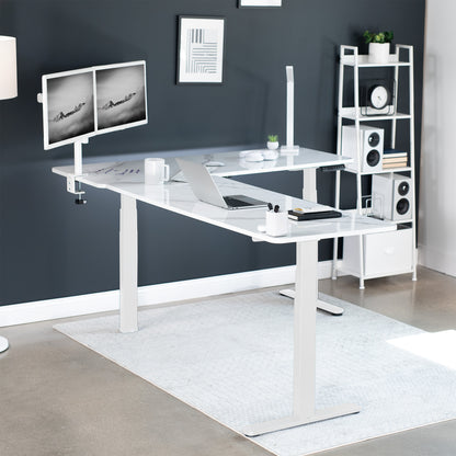 Large sturdy height adjustable corner desk workstation with memory controller.