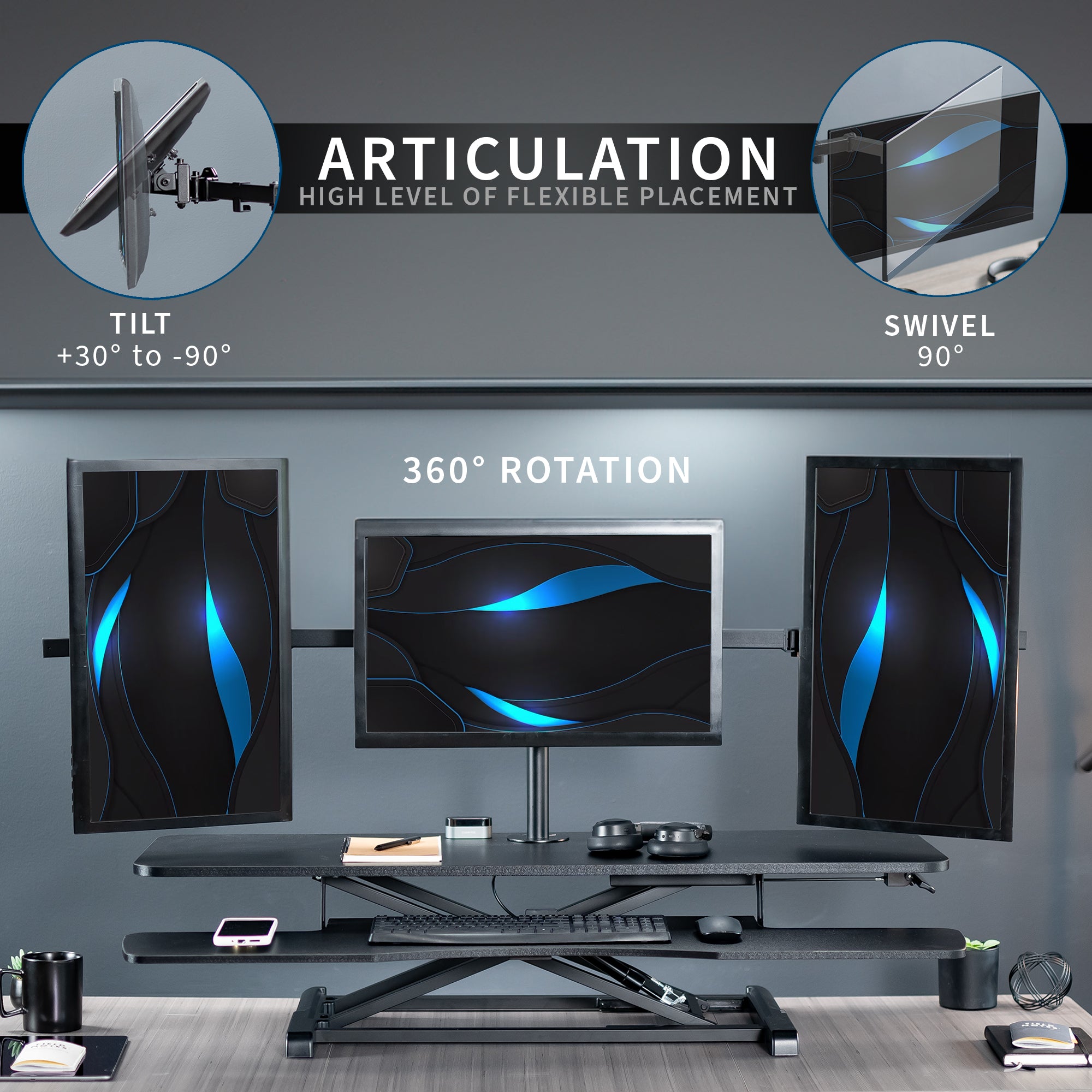 Spacious height adjustable desk riser with articulating triple monitor mount.