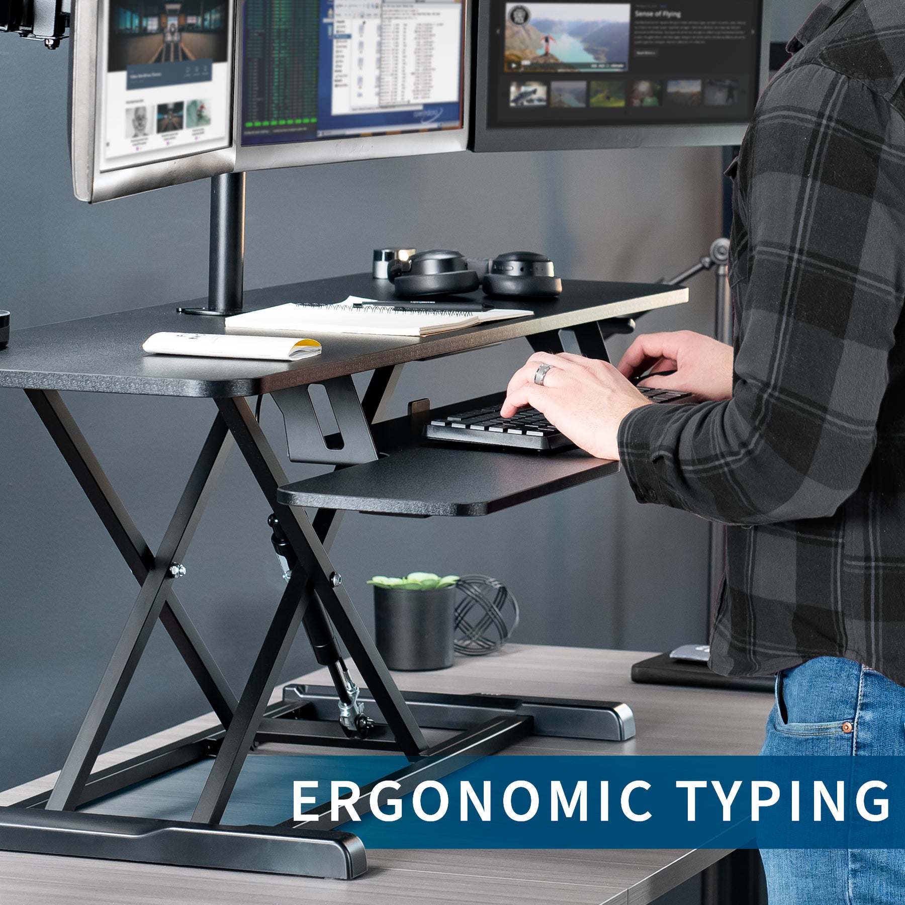 Extra Large Black Desk Riser with Triple Monitor Mount – VIVO - desk ...