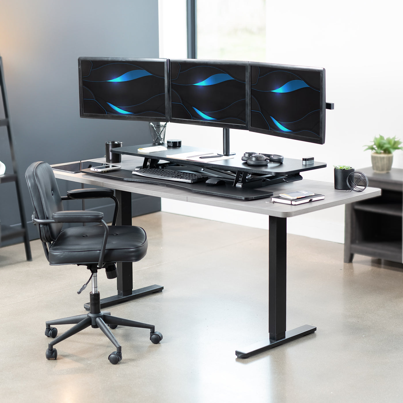 Extra Large Black Desk Riser with Triple Monitor Mount – VIVO - desk ...